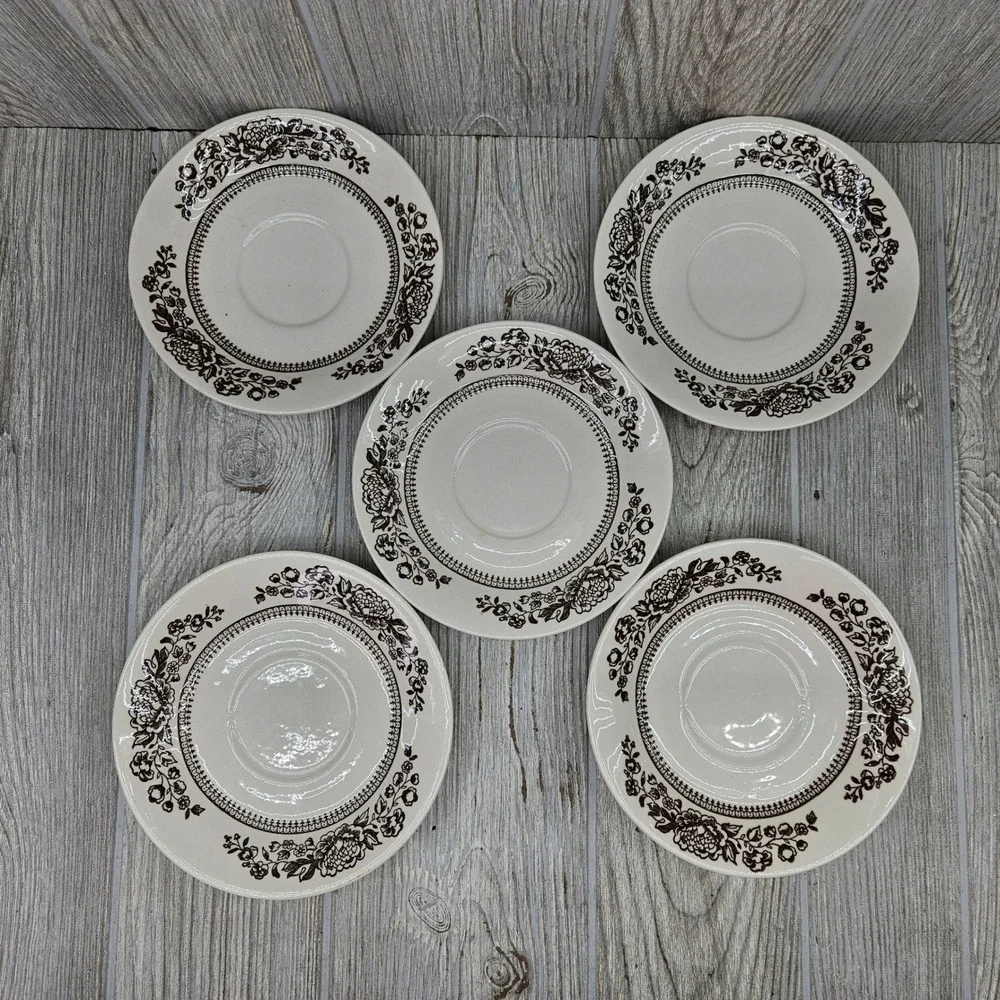 Royal China Sussex Ironstone Saucers Set of 5 Brown Floral USA Made 6in